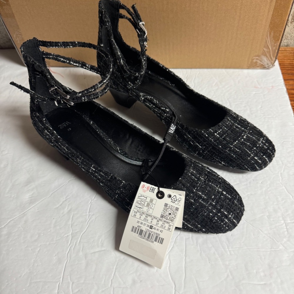 Zara Womens Tweed Double Ankle Strap Block Heel Pumps Black White 1253/410/800 8